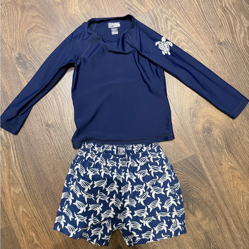 Vilebrequin Kids Navy Rashguard Set with Turtle Print